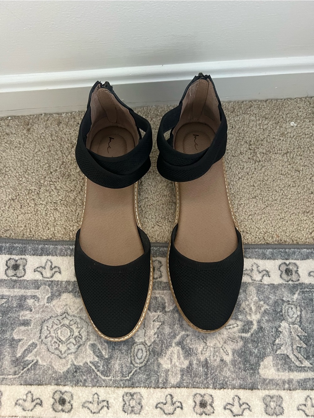 me too Black Ankle-Strap Flats with Tan Insole